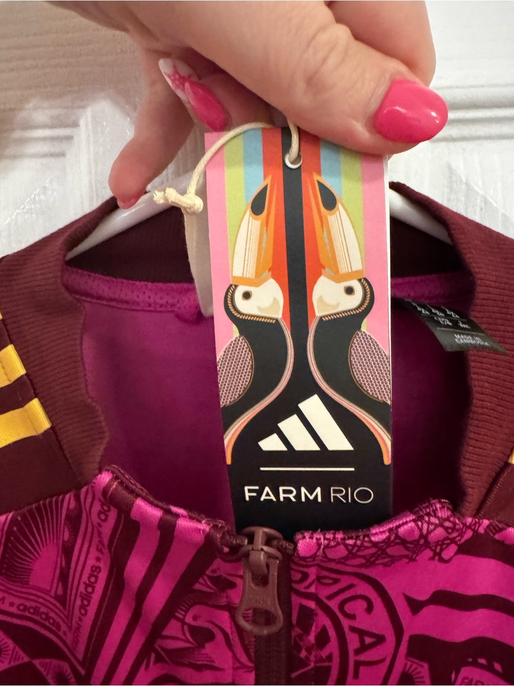 adidas x Farm Rio Magenta & Maroon Graphic Zip Track Jacket with Yellow Stripes - Picture 5 of 6